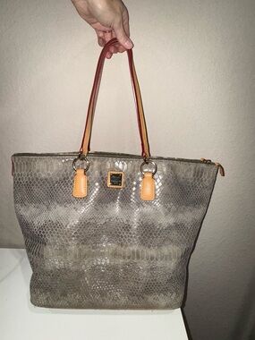 Dooney & Bourke Gray Snake-Embossed Tote with Tan and Red Handles